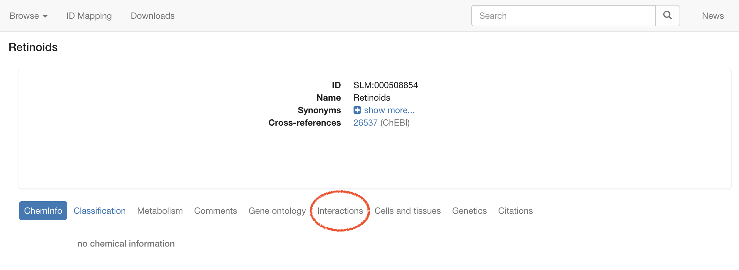 Screenshot from SwissLipids SLM000508854 search, for comparative purposes. 13 Aug 2025.